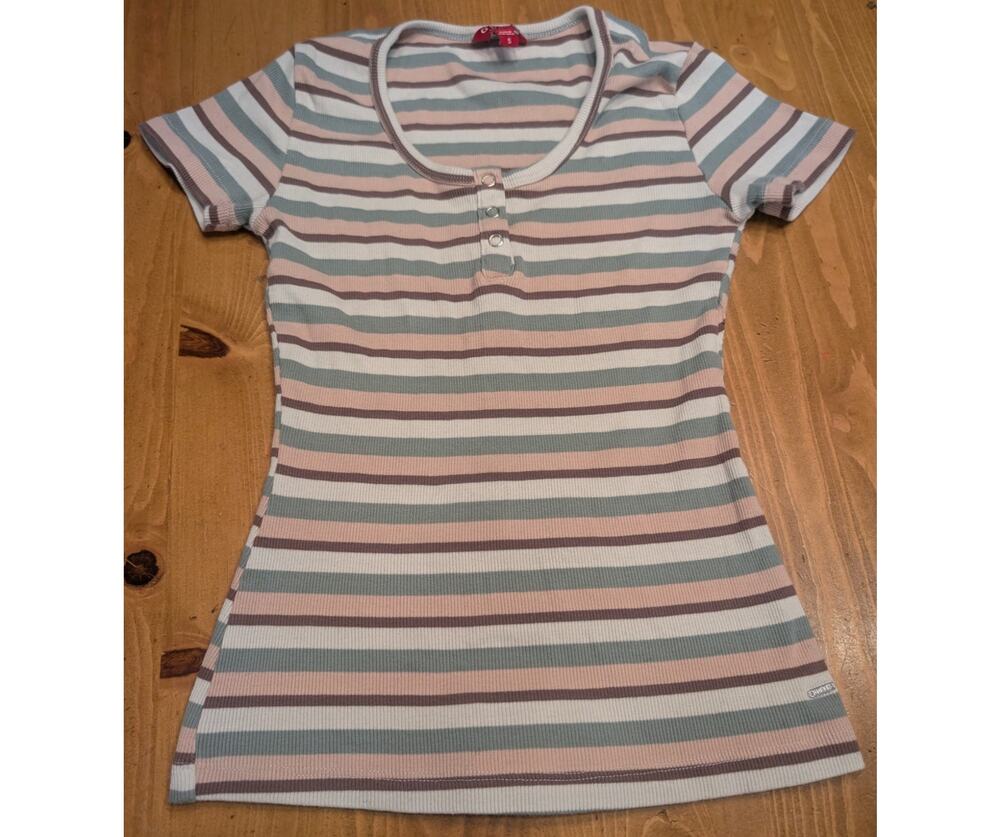Guess Ribbed S/S Top, Brown, Pink, Green, Fitted, Women's Small, LN